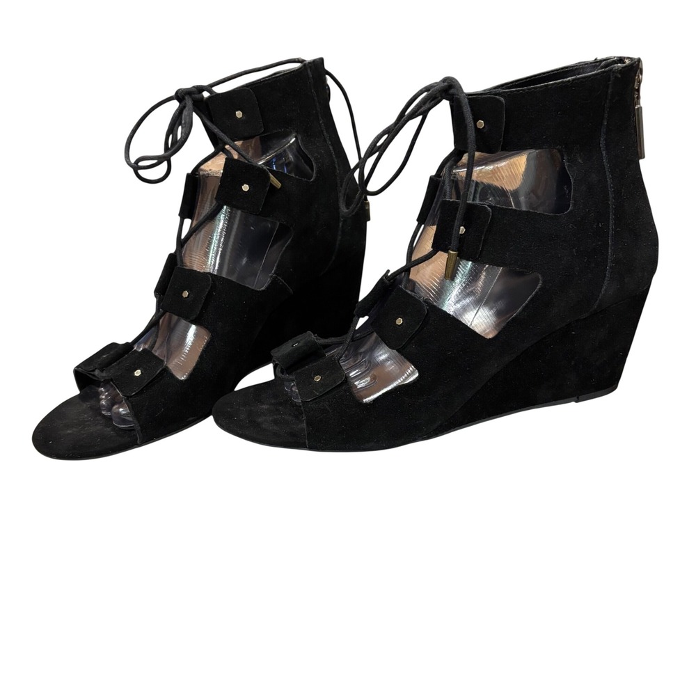 Dolce Vita Black Suede Lace Up Wedge Sandals Studded Cage Open Toe Heels Size 10